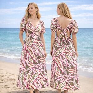 LOFT Beach Women's Cutout Olive Green Floral Maxi Dress Medium Cotton Gauze